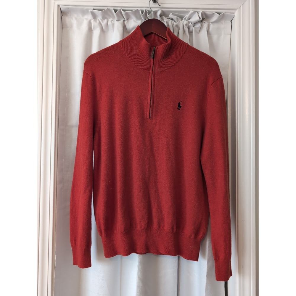 Polo Ralph Lauren Orange 100% Merino Wool 1/4 Zip Sweater Mens L‎